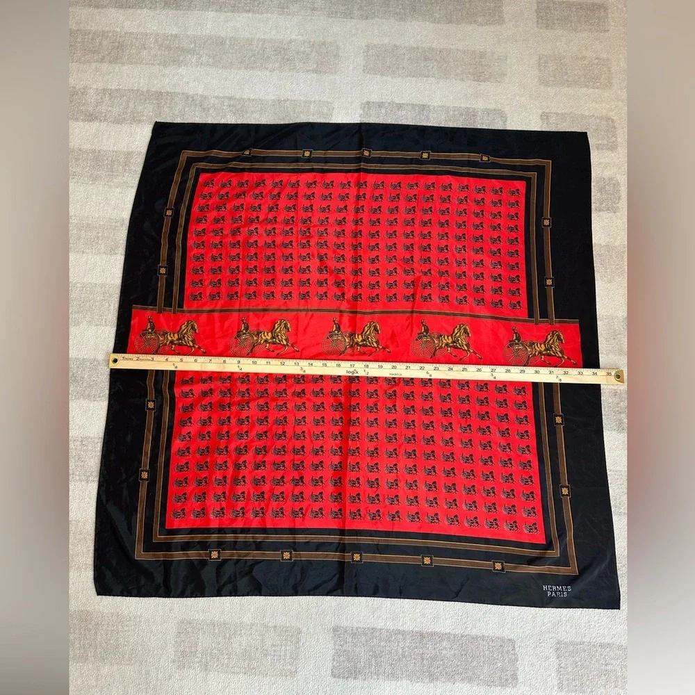 Vintage Hermes Paris Silk Horse and Carriage Scarf Red and Black